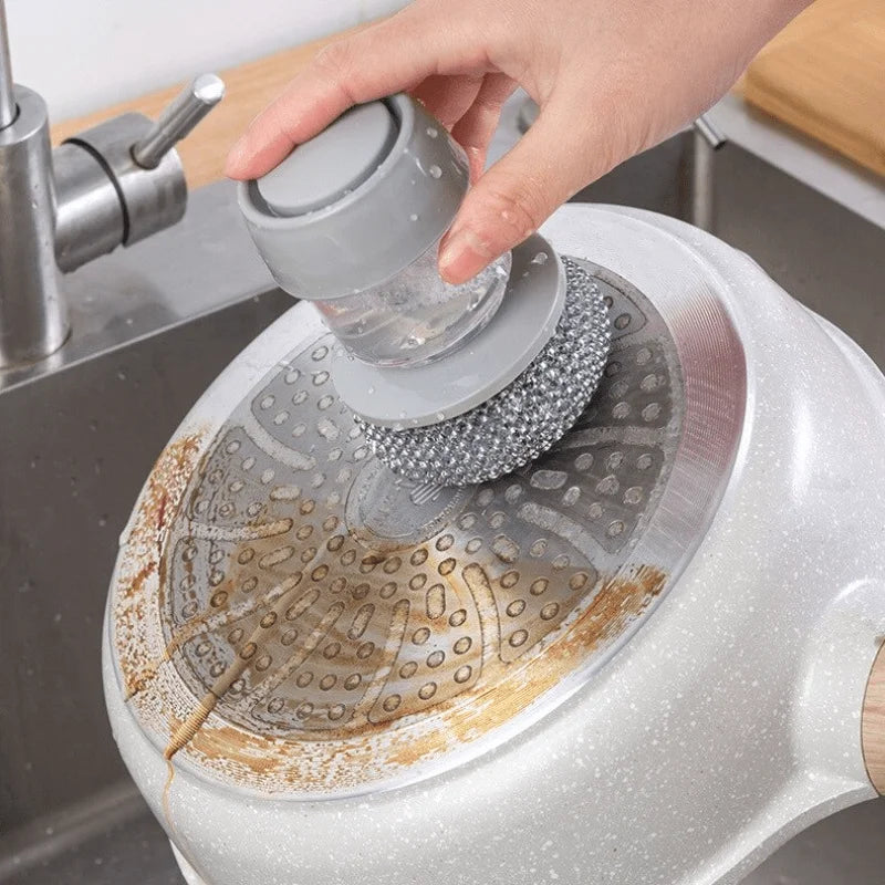 1pc Portable Kitchen Soap Dispensing Dishwashing Tool Brush, Multi-function Push-on Cleaning Brush, Easy Use Scrubber
